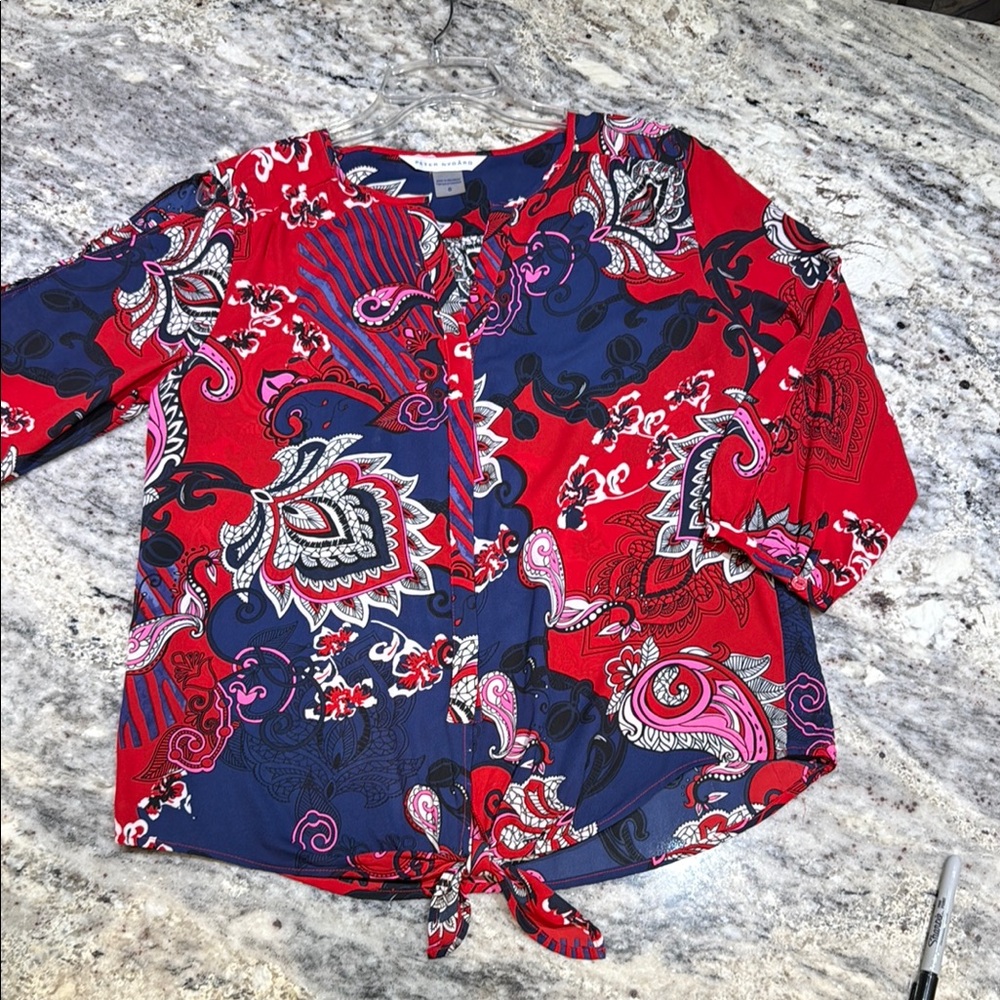 Peter Nygard Red and Blue Tie-Front floral/paisley Blouse